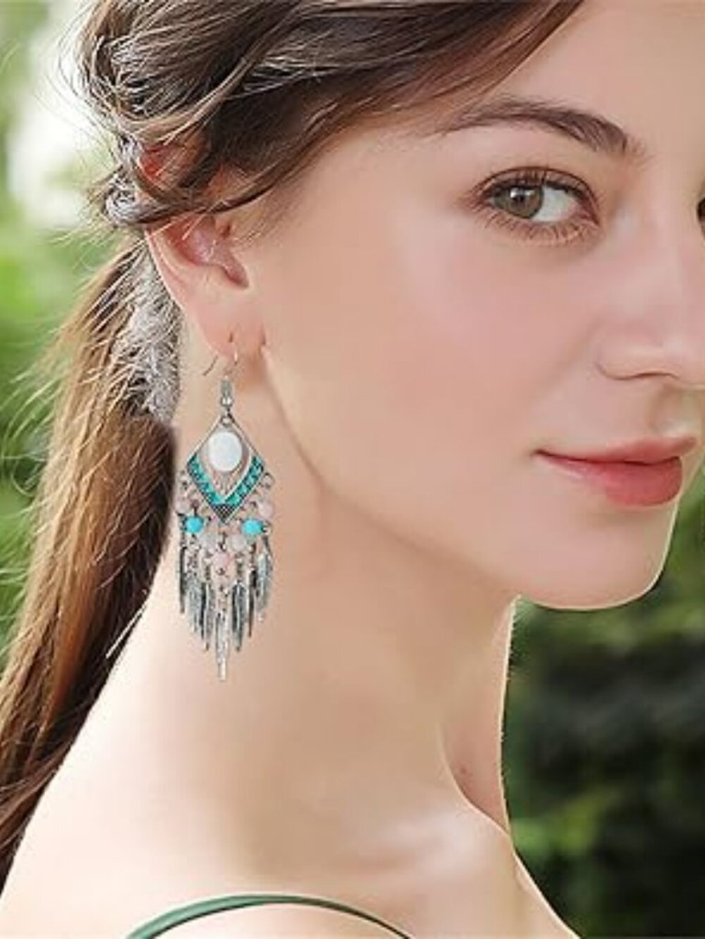 NEW Turquoise Dream Catcher Feather Earrings Bohemian Western Boho Trendy - Picture 3 of 4